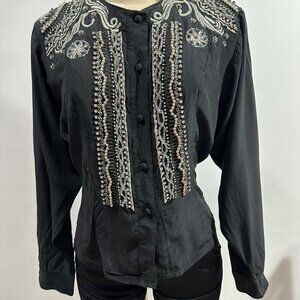 Erez‎ Women’s Black Rhinestone Beaded Linen Long Sleeves Buttons Up Blouses Sz 6